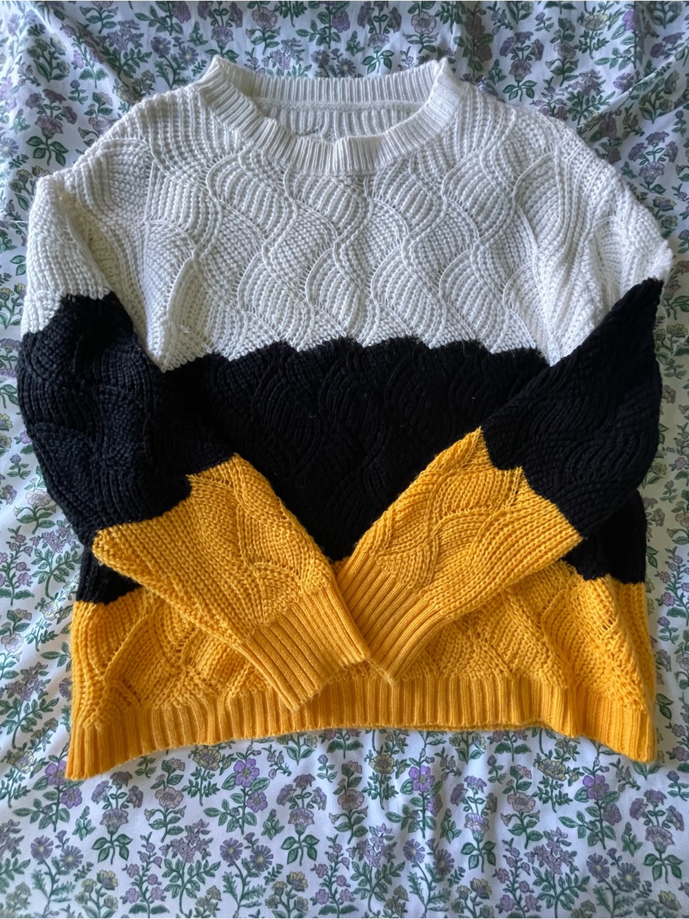 Colorblock Cable Knit Sweater - White, Black & Mustard